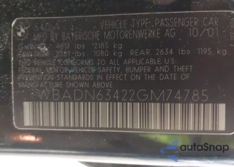 2002 BMW 540Ia из США, поврежденный, VIN WBADN63422GM74785